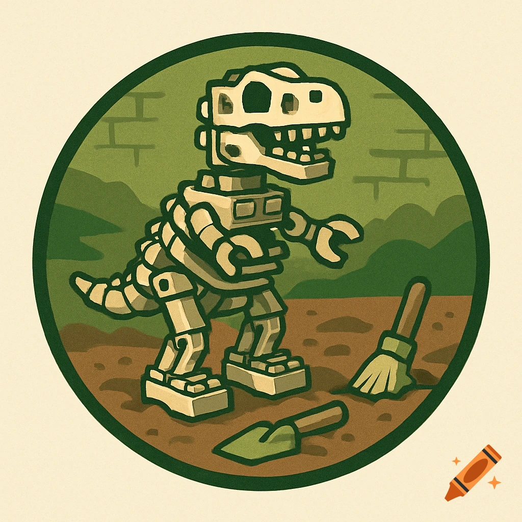 An illustrated logo of a Lego dinosaur skeleton in an archaeology excavation, with a shovel and brush.