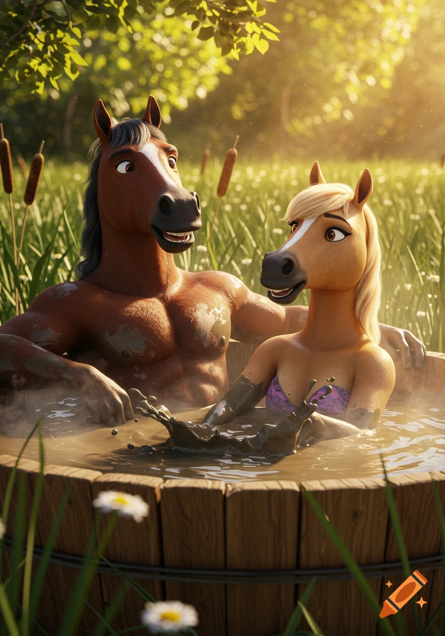 Anthropomorphic horse couple in a mud hot tub, 3D animation style, sunny outdoor setting.
