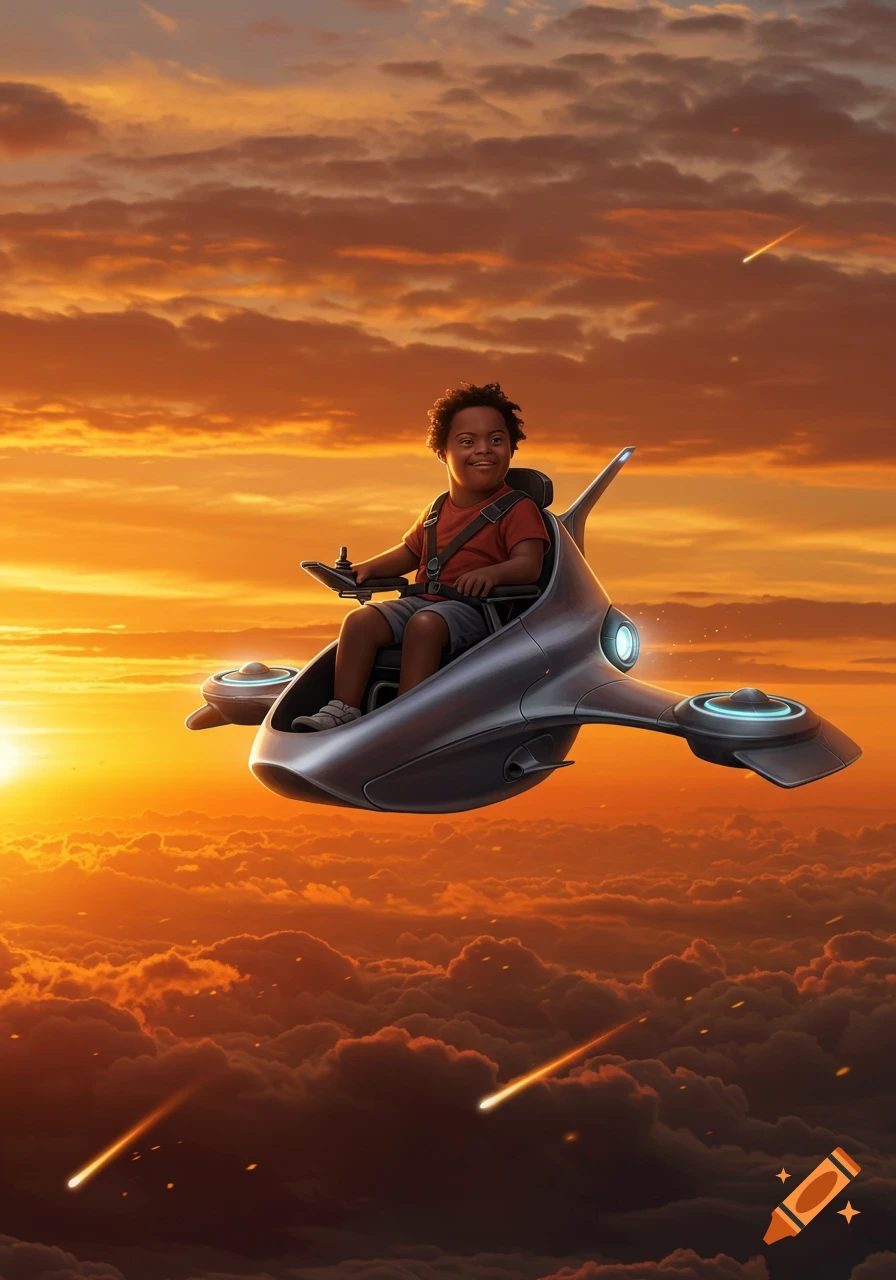 African American child with Down syndrome in a flying wheelchair, soaring above clouds during a fiery sunset with meteors.