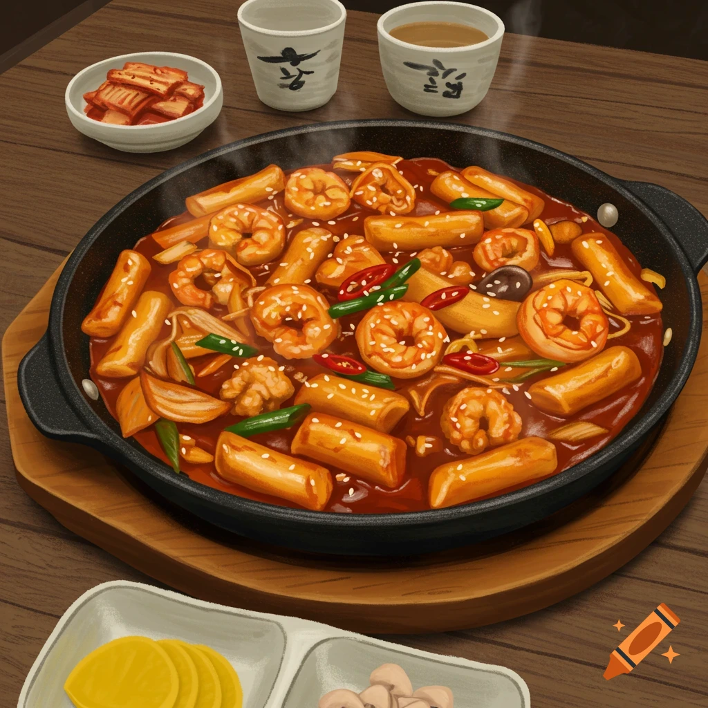 Illustrative overhead view of a Korean spicy shrimp tteokbokki hot pot with rice cakes and vegetables, served with side dishes and drinks.