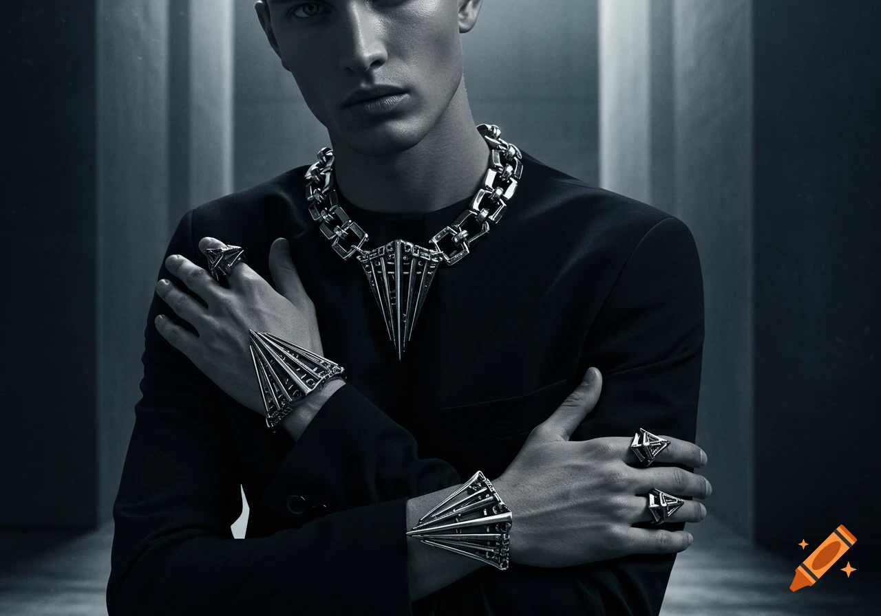 A man in a black suit wears elaborate silver avant-garde jewelry, including a large chain necklace, bracelets, and rings.
