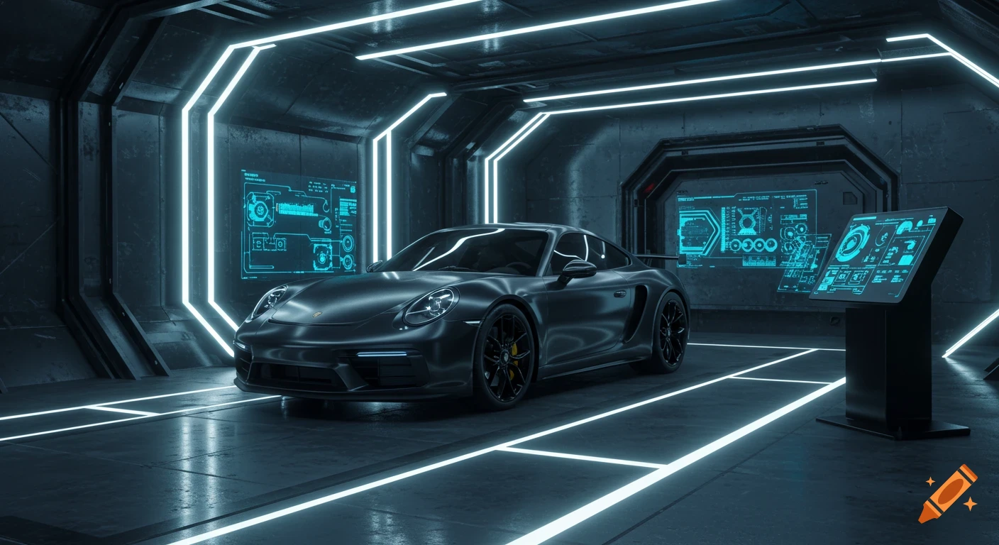 A sleek matte black Porsche-style sports car parked in a neon-lit futuristic garage with holographic displays.