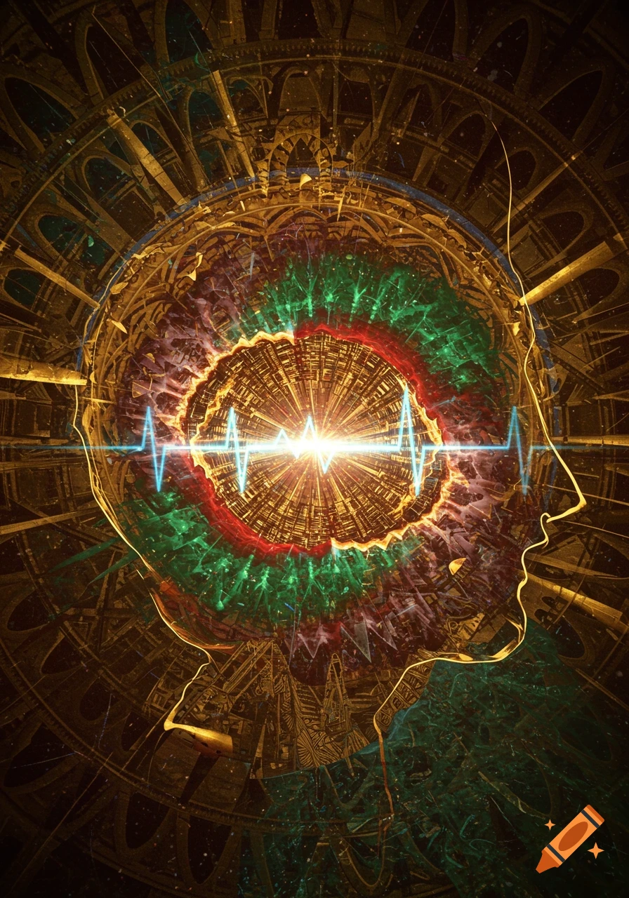 Abstract digital art of a human head silhouette with a glowing, intricate core and a blue pulse wave, set against complex golden and green patterns.