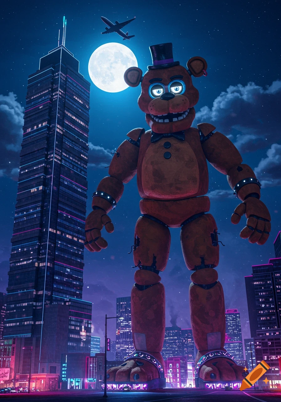 Giant Freddy Fazbear stands in metallic sandals among glowing skyscrapers at night, with a full moon and a plane in the sky.