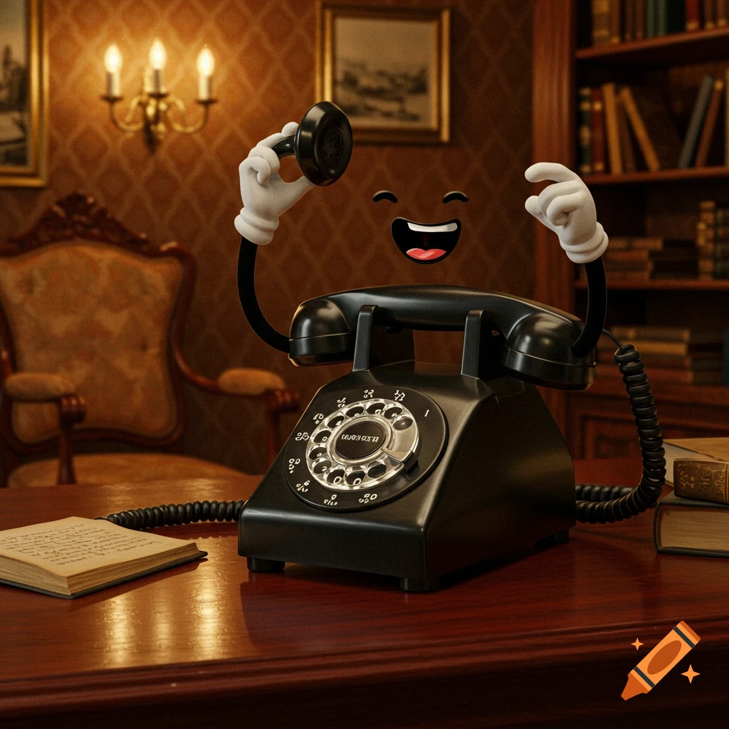 A cartoon black rotary phone character with white gloved hands and a happy face talks on its receiver in a vintage study.