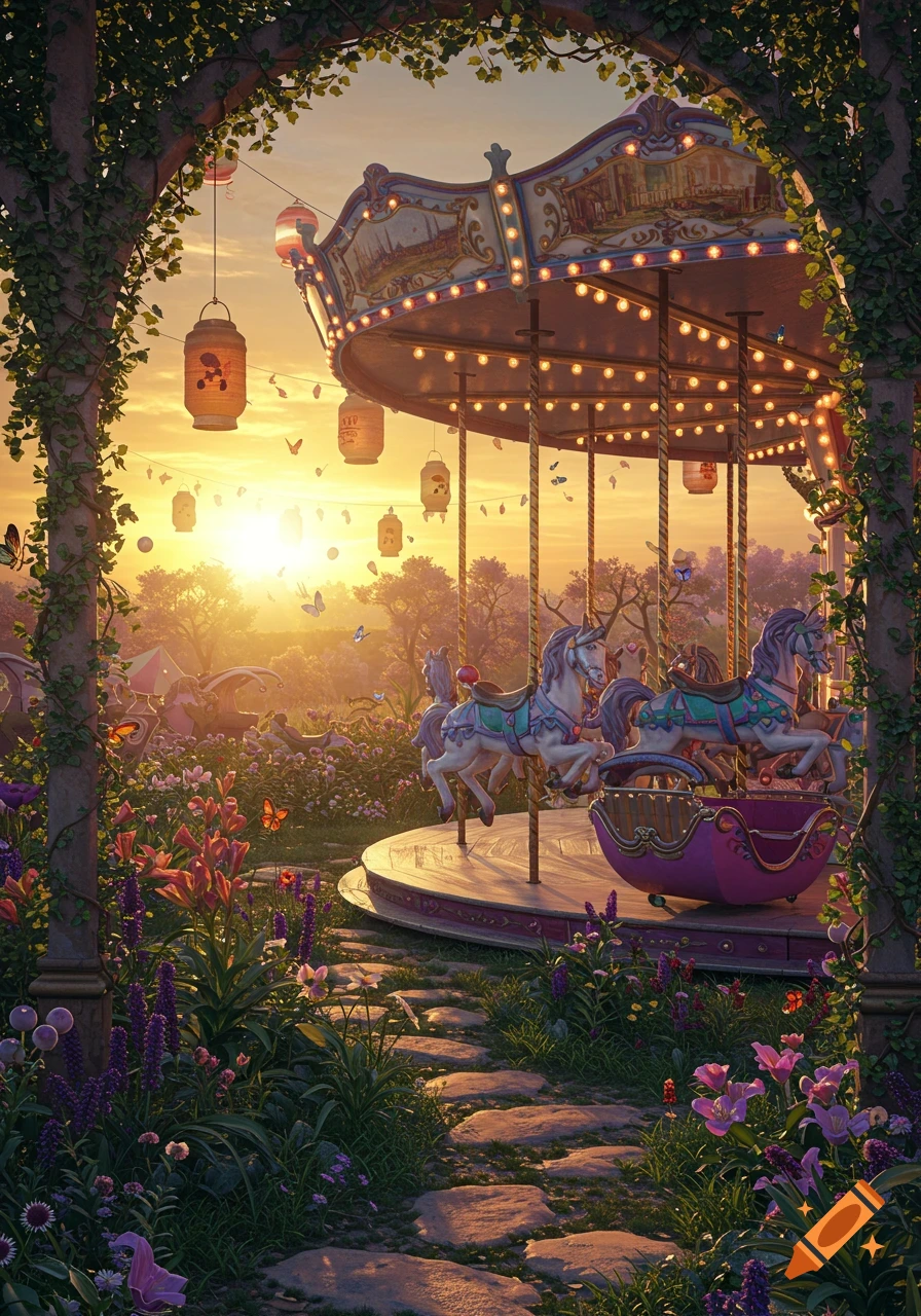 A magical carousel in an enchanted garden at sunset, surrounded by lush flowers, vines, and butterflies.