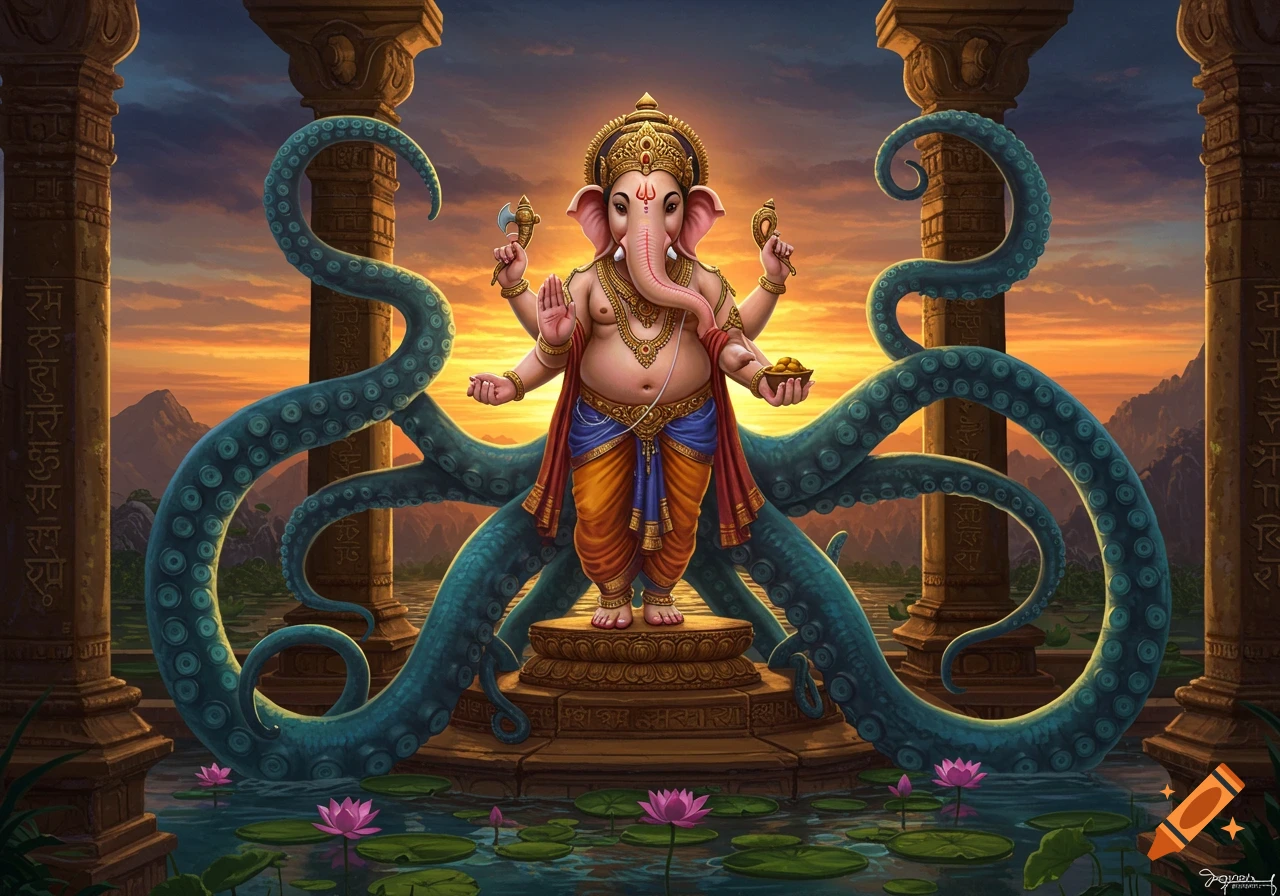 Fantastical illustration of multi-armed Ganesha standing on a pedestal surrounded by blue octopus tentacles, pink lotus flowers, and ancient pillars, against an orange sunset.