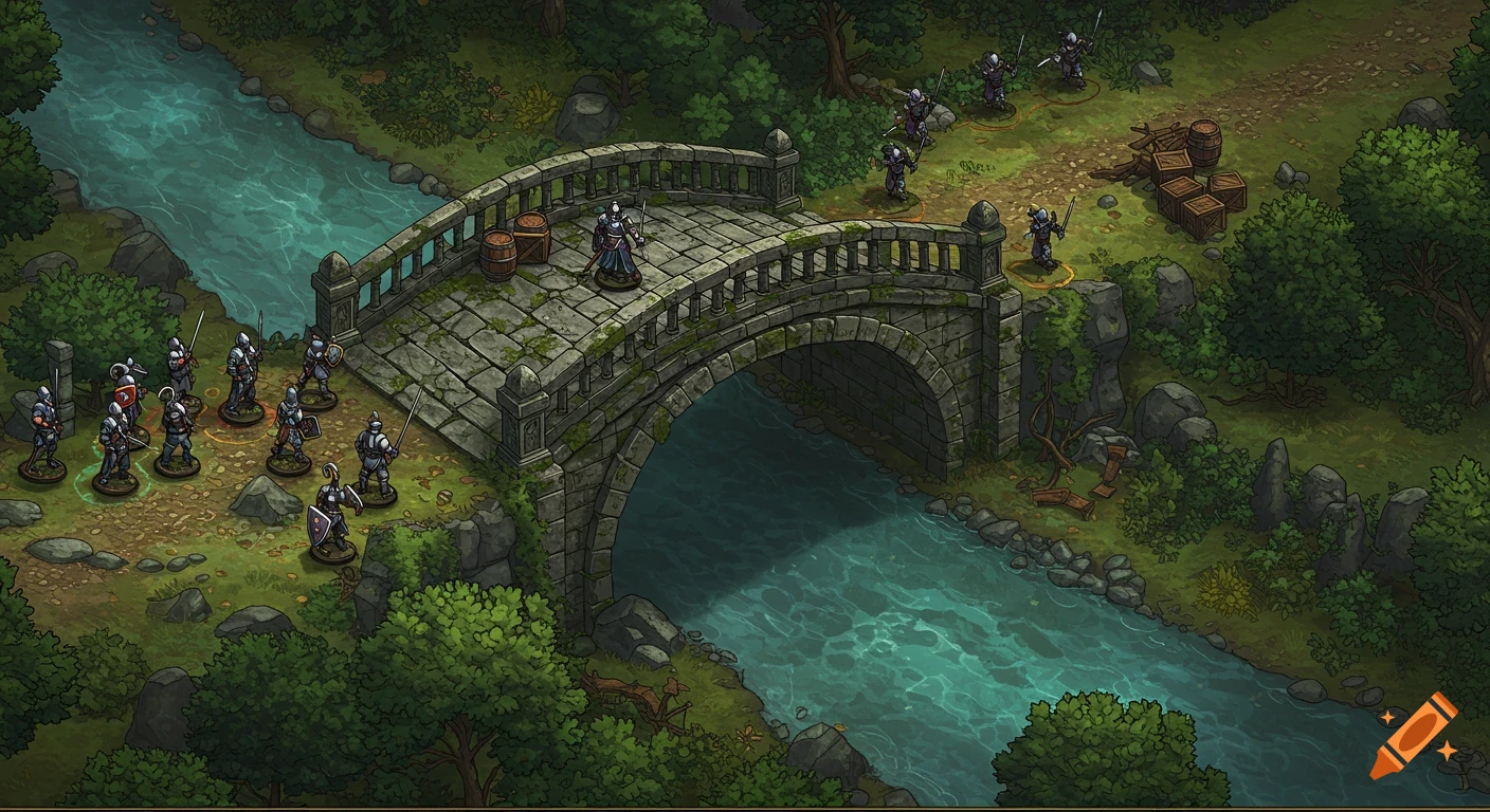 An isometric fantasy RPG battle map featuring knights on a mossy stone bridge over a river, surrounded by a forest.