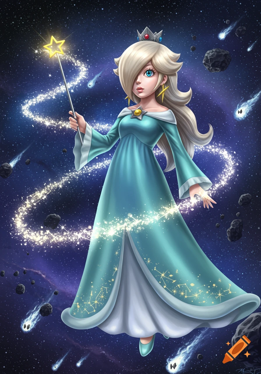 Rosalina from Super Mario in a flowing teal dress and crown, holding a star wand, floating in a starry space with meteors and Lumas.