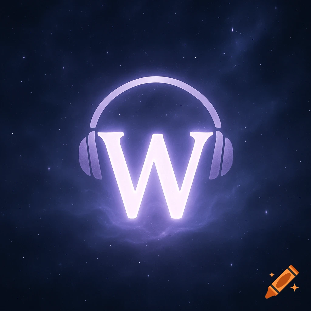 A glowing purple letter 'W' wearing headphones, set against a dark starry cosmic background with ethereal light and fog.