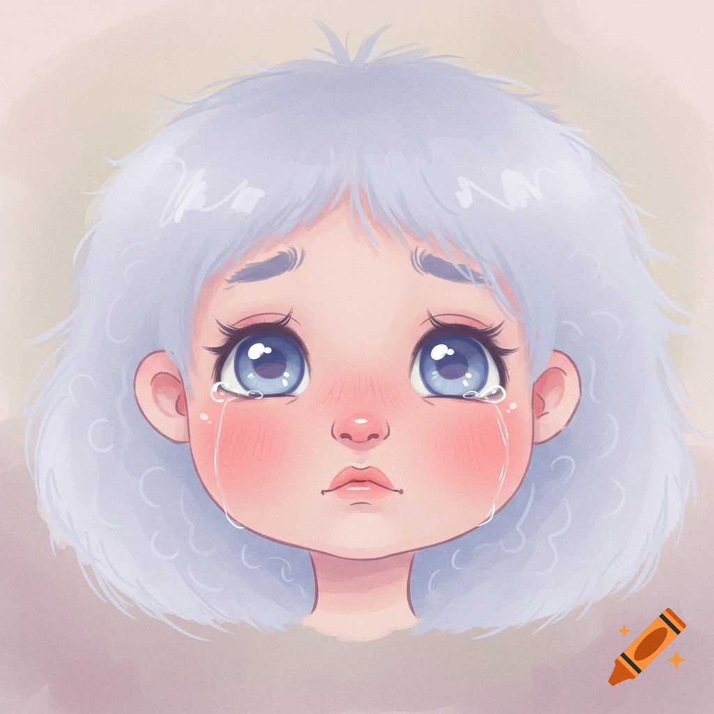 A close-up cartoon illustration of a young child's face with light purple hair and big blue eyes, crying with tears.