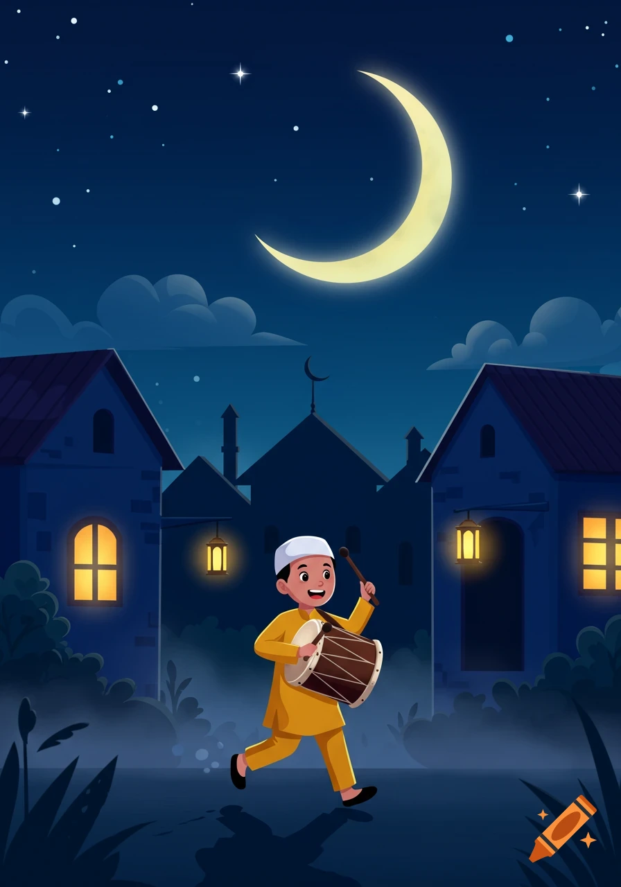 Happy cartoon boy in traditional attire plays a drum under a large crescent moon and stars in a village at night.