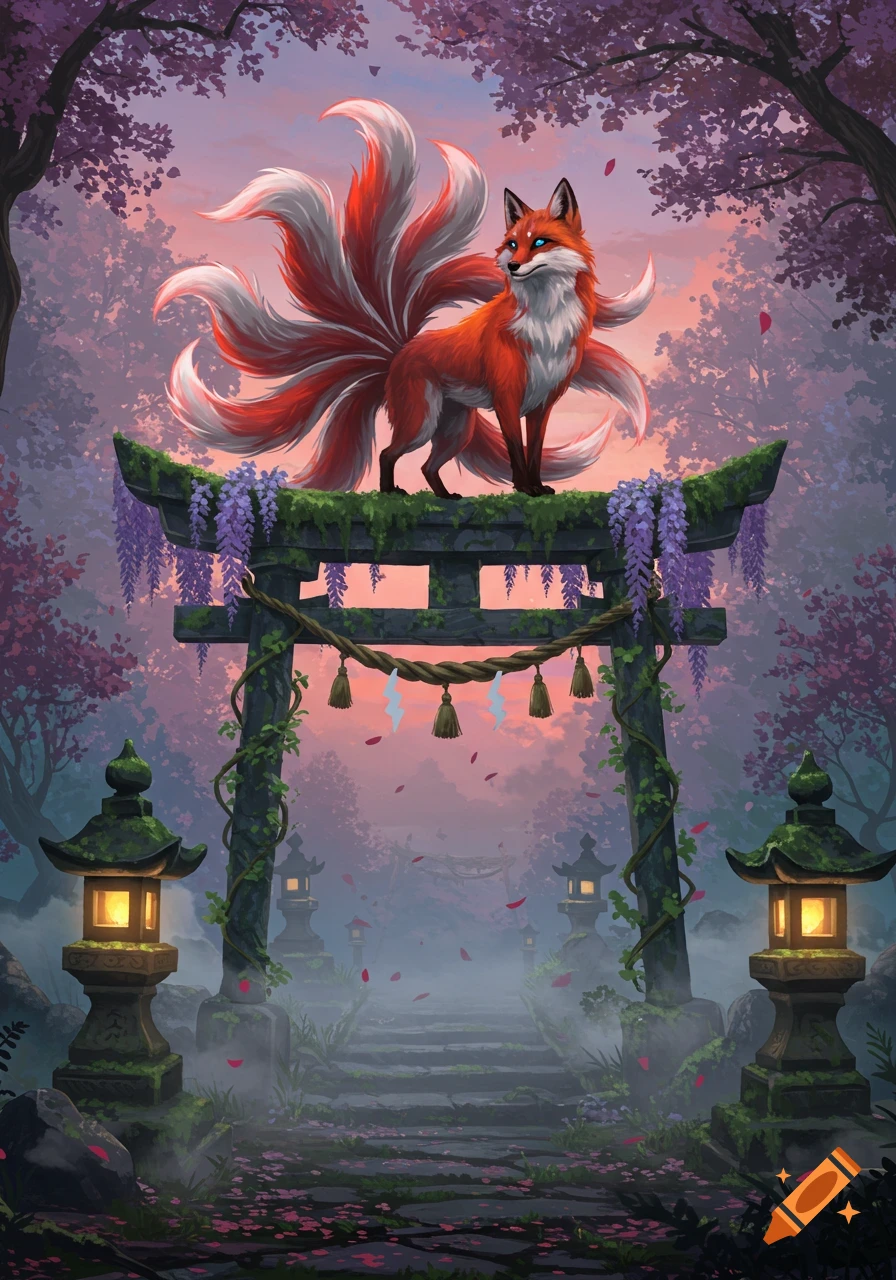 A majestic nine-tailed fox stands atop a moss-covered torii gate with wisteria, in a serene, misty forest with cherry blossoms and traditional lanterns at twilight.