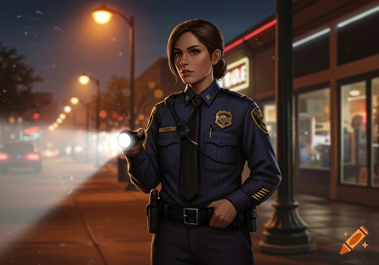 A female police officer holds a flashlight, shining its beam forward as she stands on a sidewalk at night. Digital art.