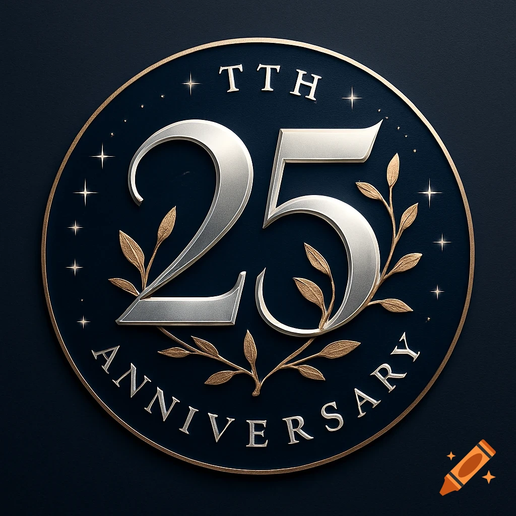 Elegant 25th anniversary logo on a dark blue background with silver numbers, gold leaves, and text that reads "TTH 25 ANNIVERSARY".