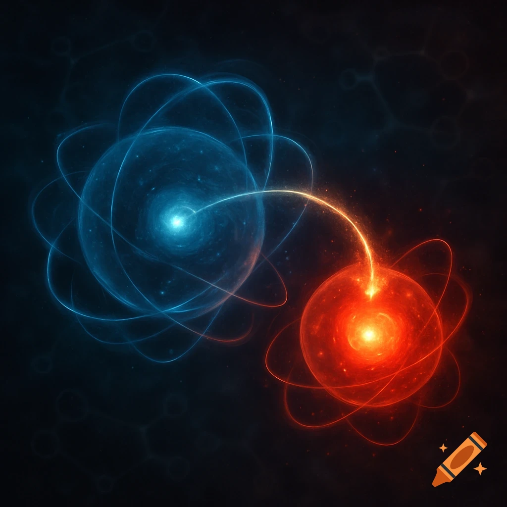 Two glowing orbs, one blue and one red, connected by a bright orange energy bond against a dark, cosmic background.