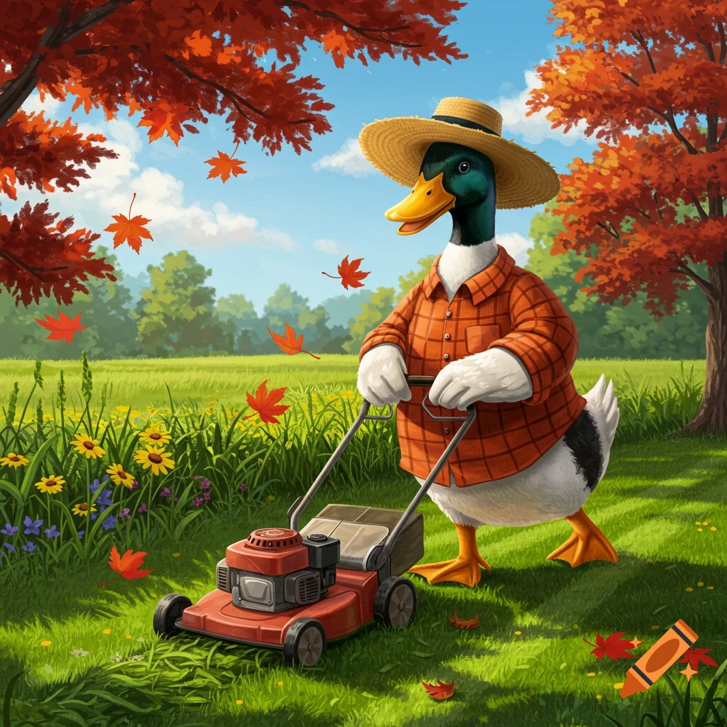 A cartoon Canadian duck in a straw hat and plaid shirt mows a grassy lawn with red autumn leaves falling.