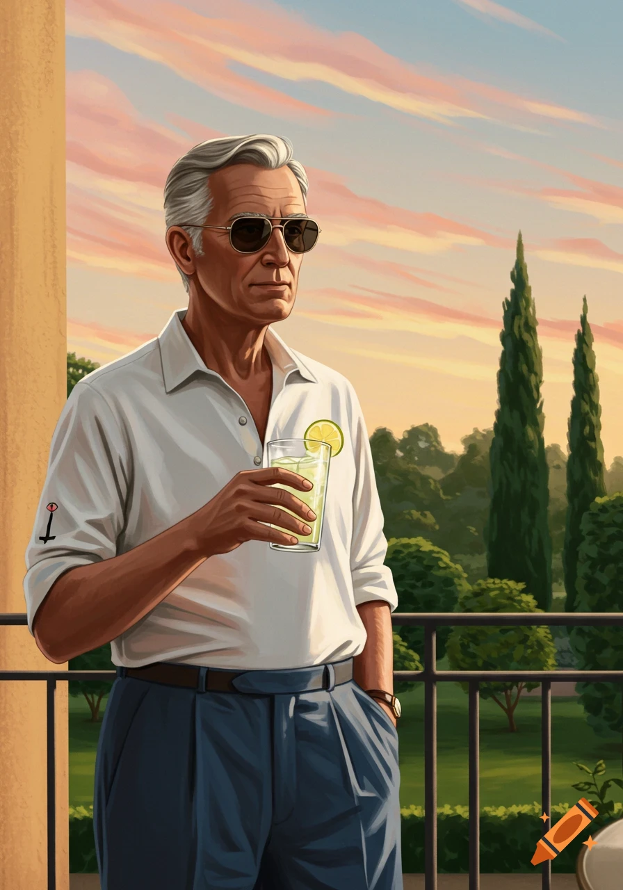 An elegant older man with gray hair and sunglasses holds a drink on a balcony at sunset, in an illustrative style.