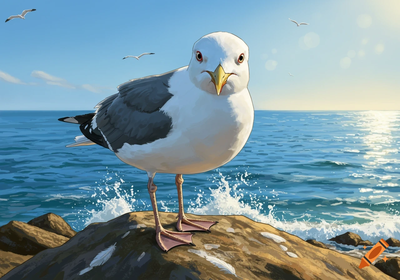 A close-up drawing of a white and grey seagull standing on a rock by the blue ocean under a clear sky.