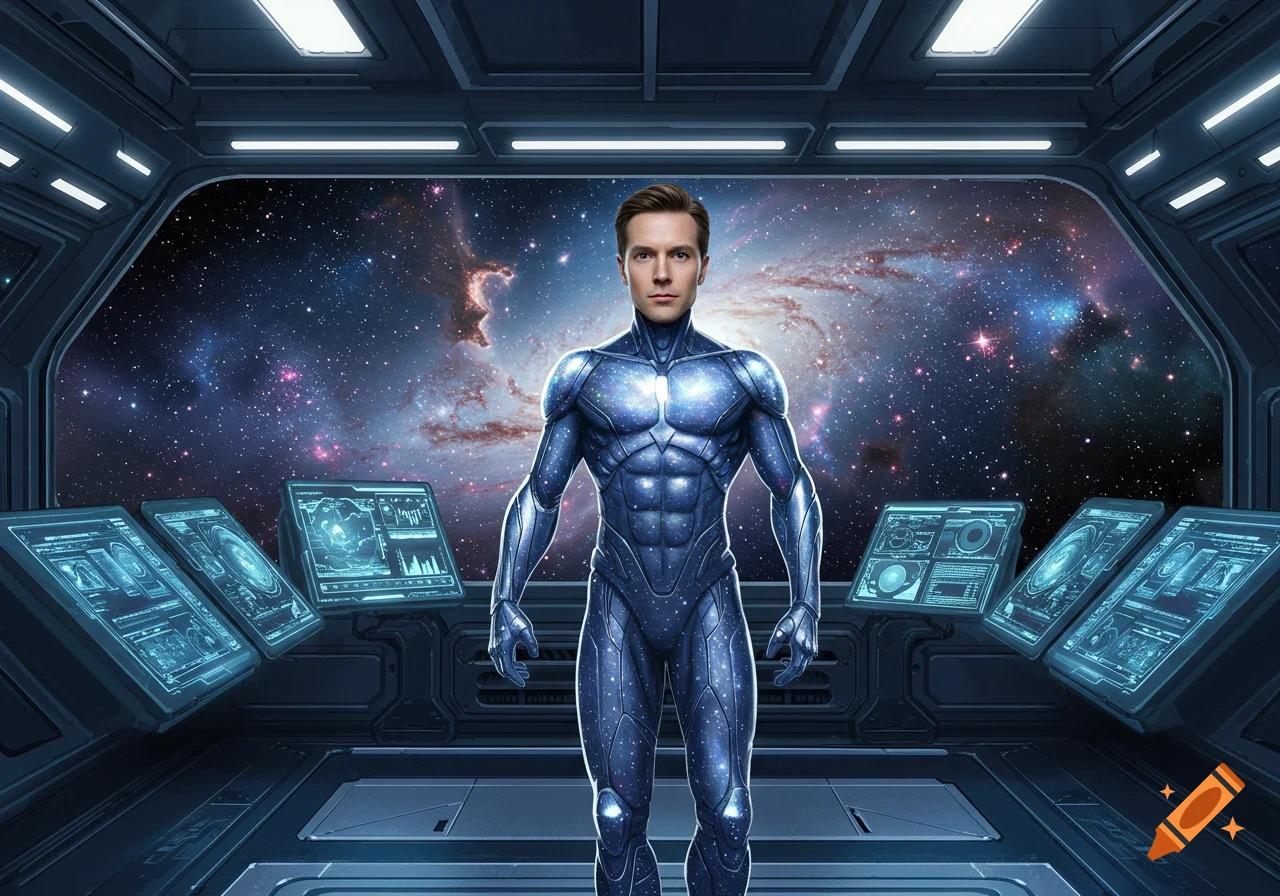 A male superhero in a blue, starry suit stands in a futuristic spaceship cockpit, gazing at a vibrant galaxy. Photorealistic.