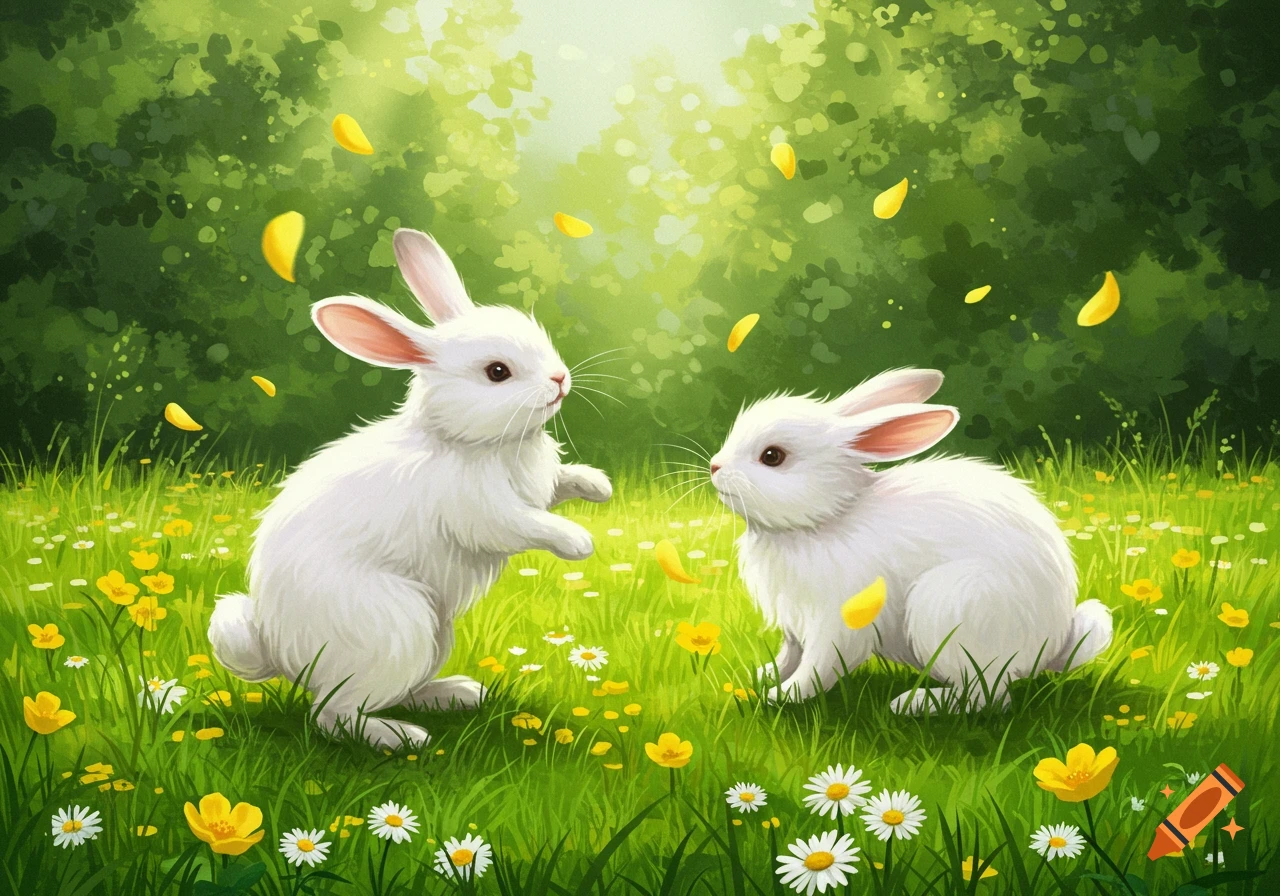 Two fluffy white rabbits in a bright green field with white and yellow flowers and falling petals, in an illustrative style.