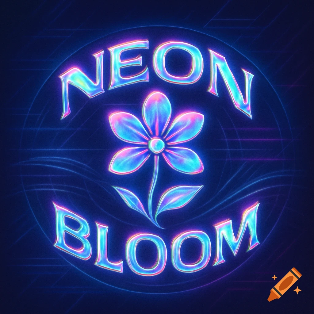 A vibrant neon y2k-style logo featuring a glowing flower surrounded by the text 'NEON BLOOM' on a dark background.