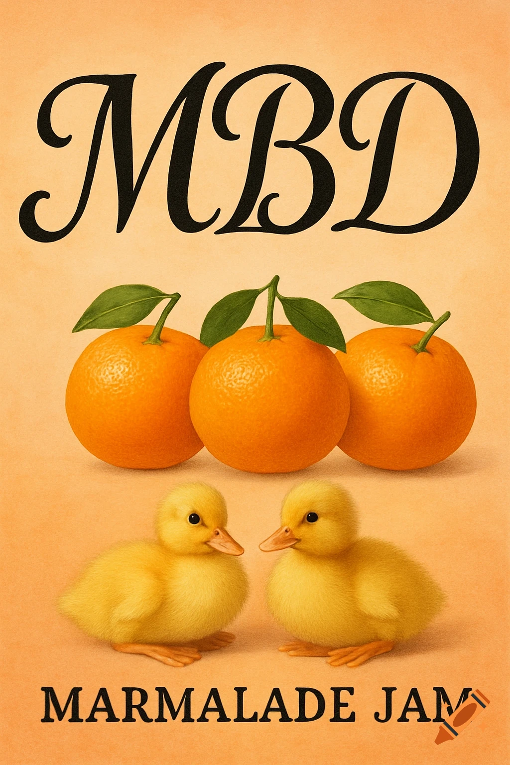 A vintage-style illustration with large black 'MBD' text, three oranges, and two yellow ducklings on a pale orange background, with 'MARMALADE JAM' at the bottom.