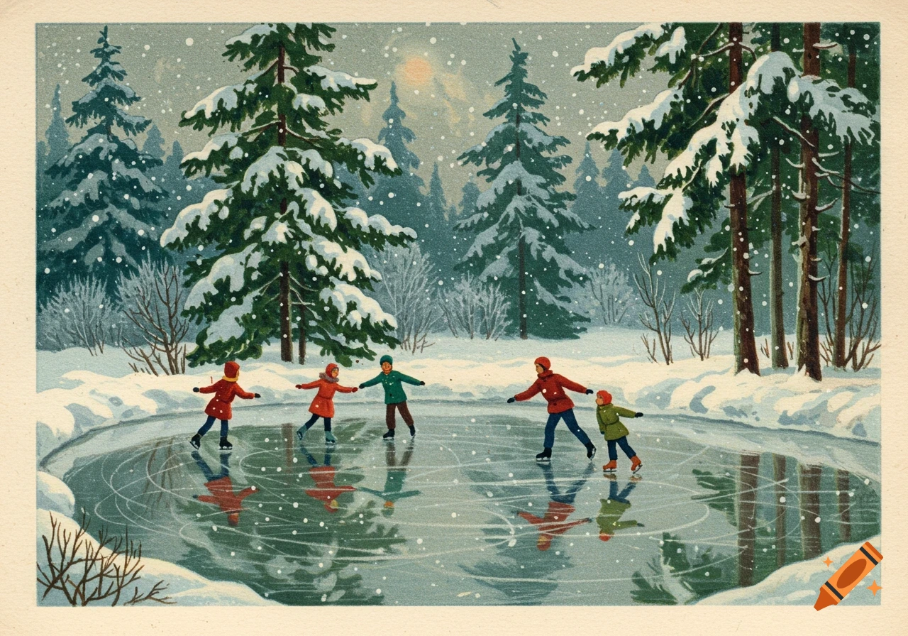 Vintage illustration of people ice skating on a frozen pond in a snowy forest with pine trees and falling snow.