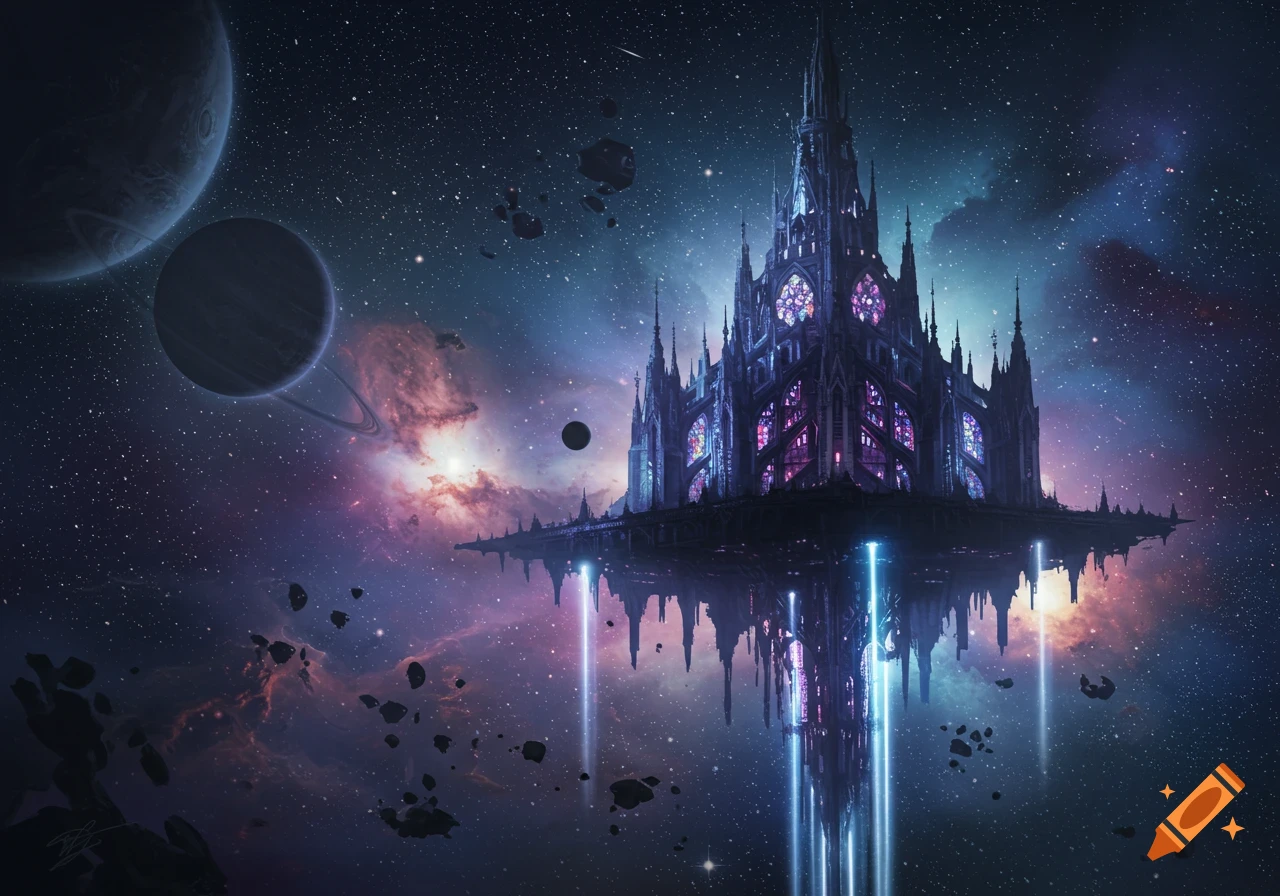 A grand gothic space cathedral floats amidst a colorful nebula, planets, and asteroids, emitting bright light beams.