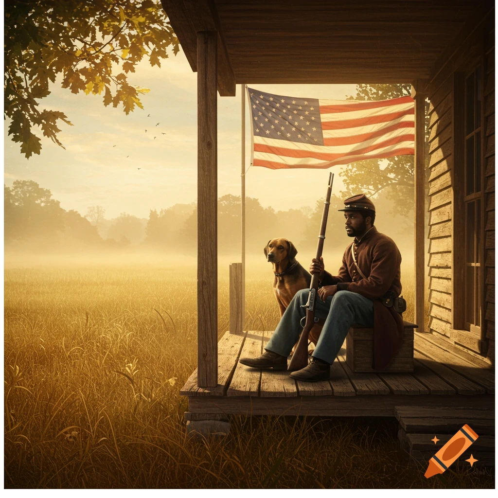 Photorealistic image of a Black man in Civil War attire sitting on a porch with his dog, holding a rifle, an American flag behind him.