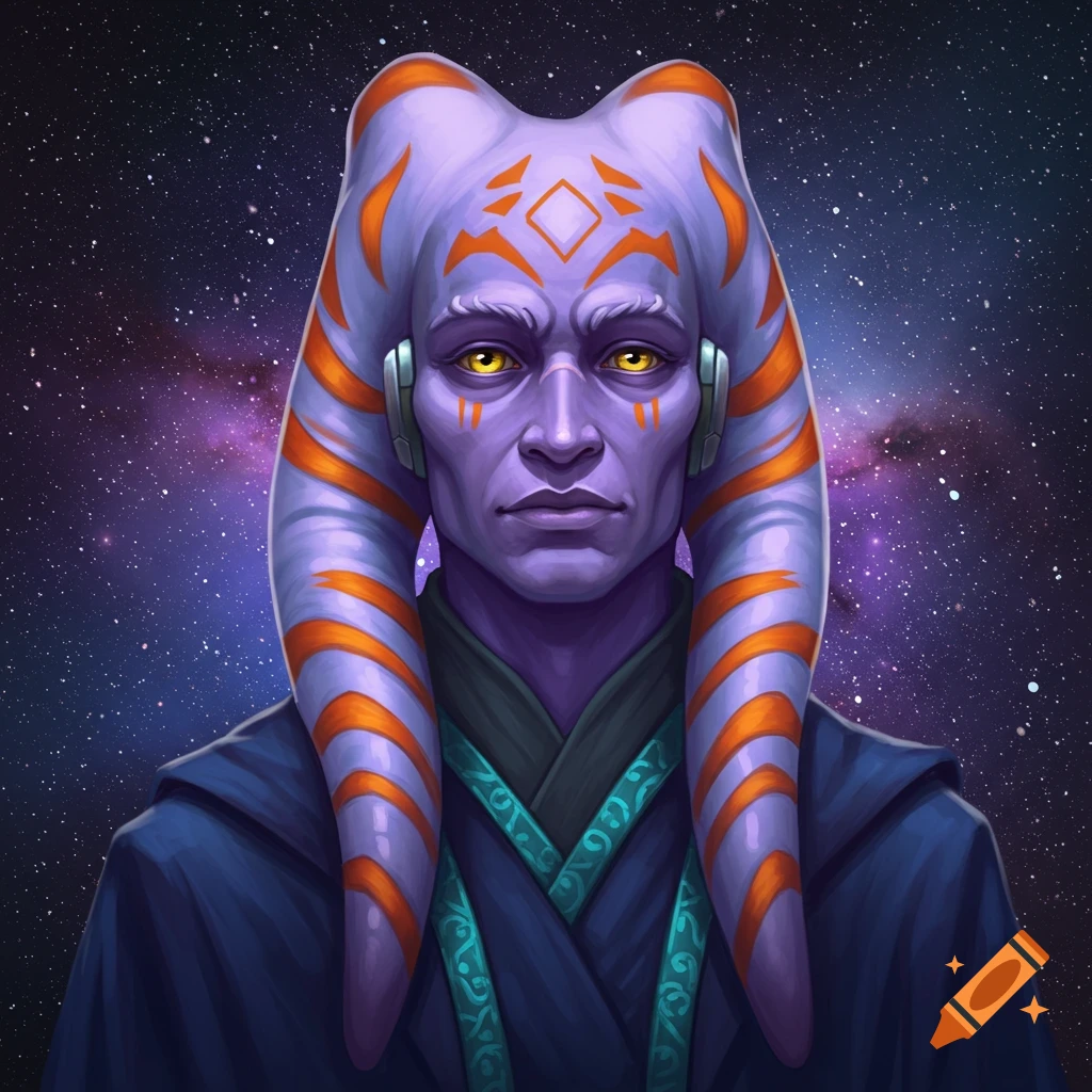 A serious purple-skinned male Togruta with orange striped lekku, yellow eyes, and a dark robe, against a starry galaxy background.