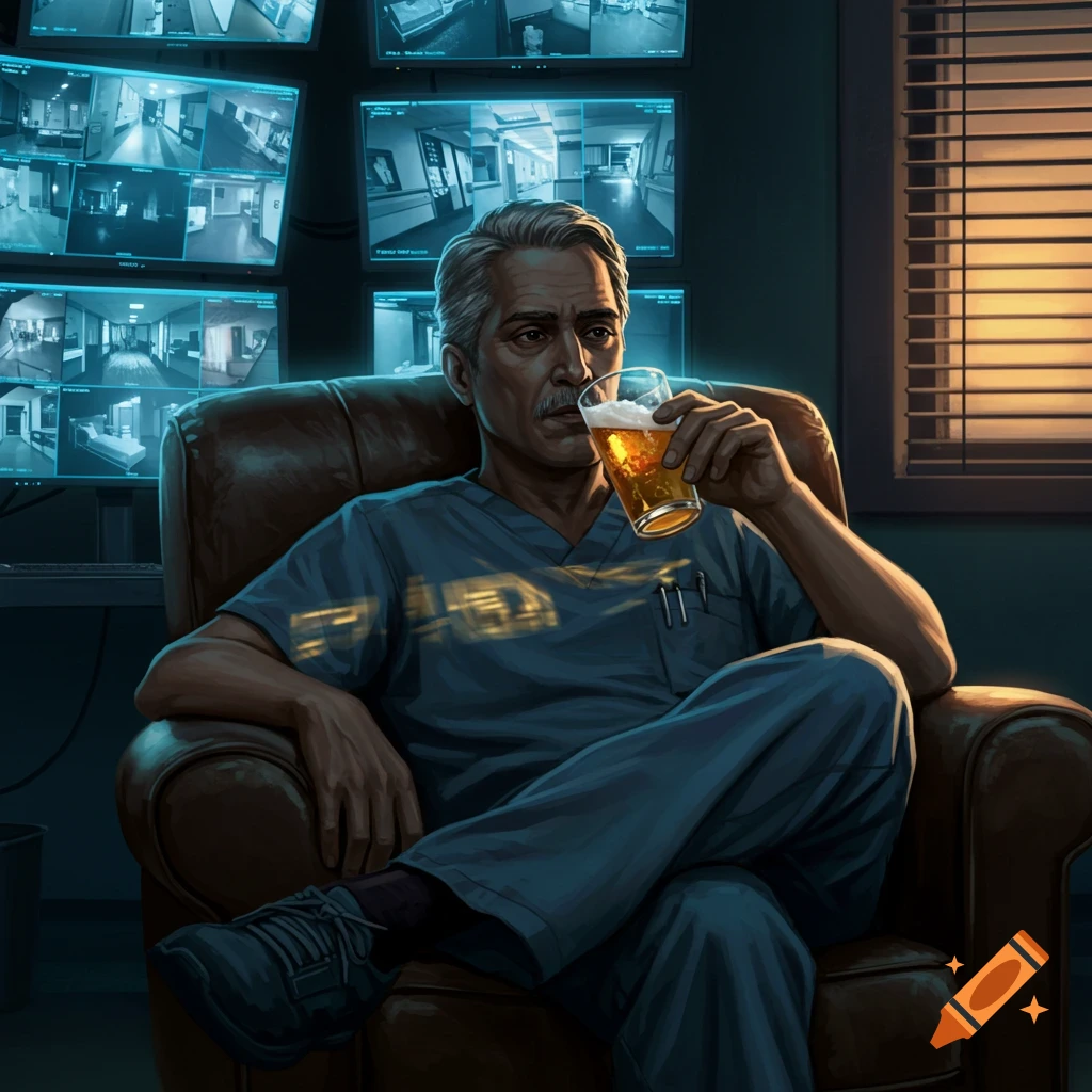 A male nurse in blue scrubs sits in a leather chair, drinking beer, in front of multiple glowing surveillance monitors.