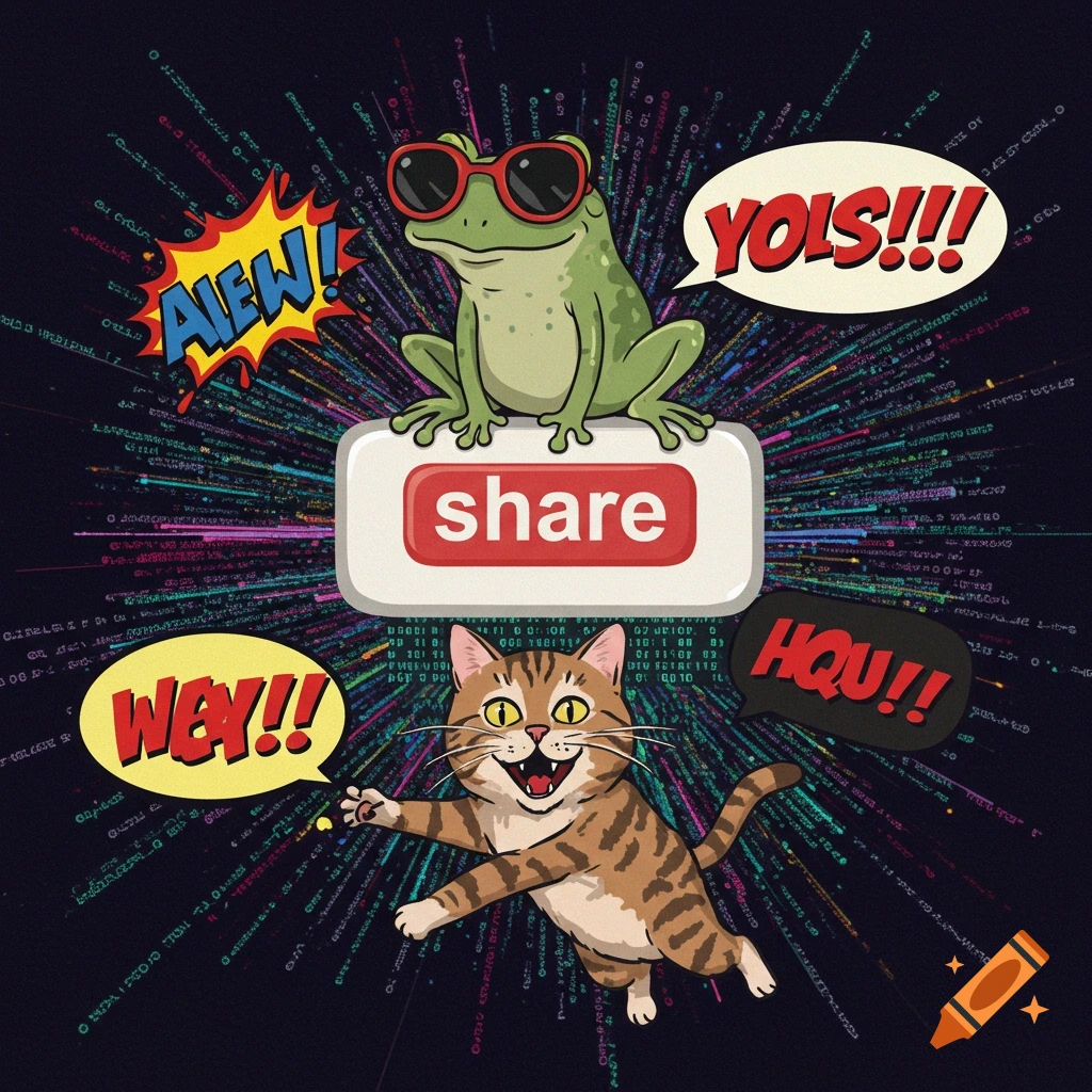 A cartoon frog in sunglasses and a smiling cat with speech bubbles surround a "share" button on a digital background.