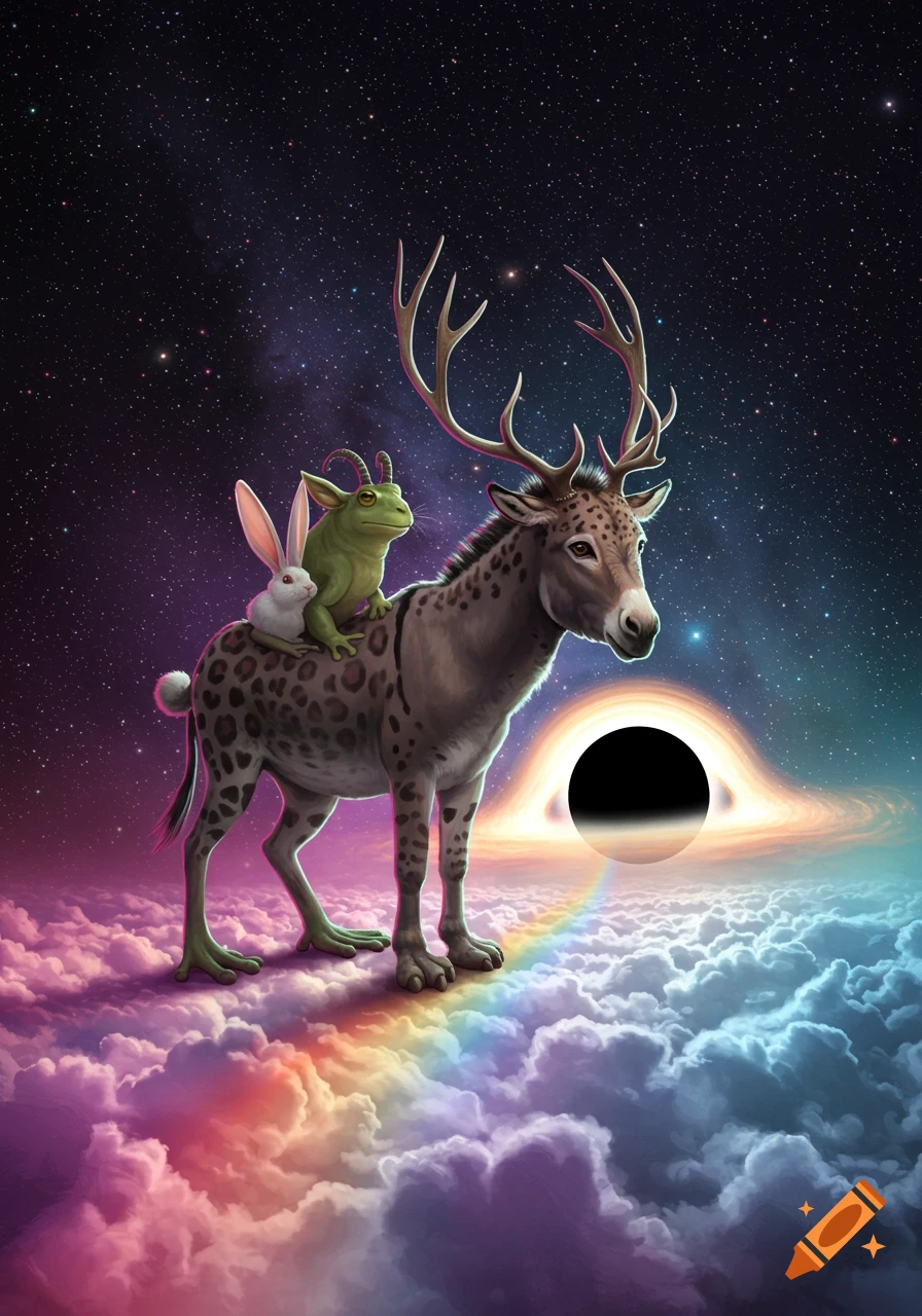 A fantastical deer-like creature carrying a rabbit and frog on rainbow clouds in space with a black hole.