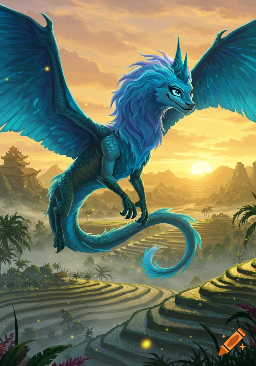A vibrant blue dragon with large wings flies over misty green rice paddies and mountains with an ancient temple at sunset in an animated style.