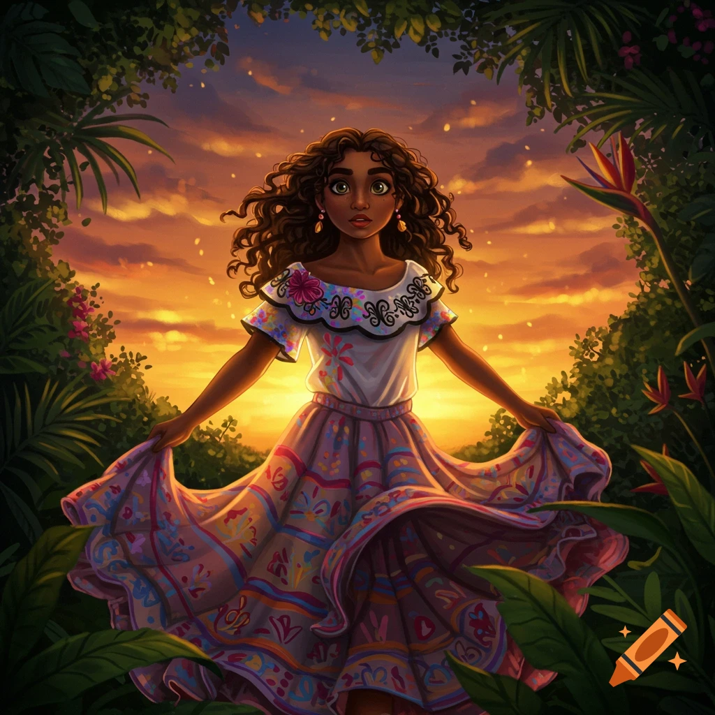 Illustration of a young girl in a vibrant folk dress with curly hair, framed by tropical foliage against a colorful sunset.