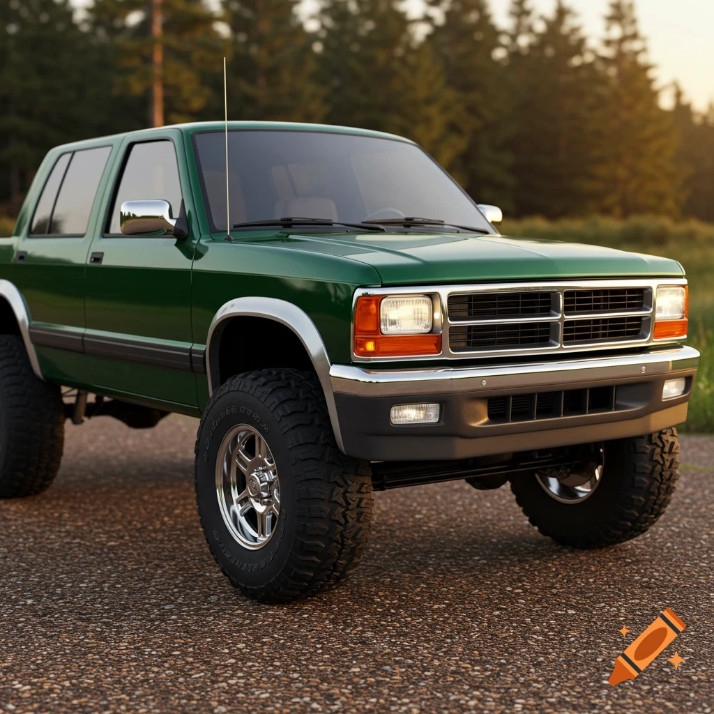 A green two-tone 1995 Dodge Dakota 4x4 truck with large tires parked on a road with trees in the background, photorealistic style.