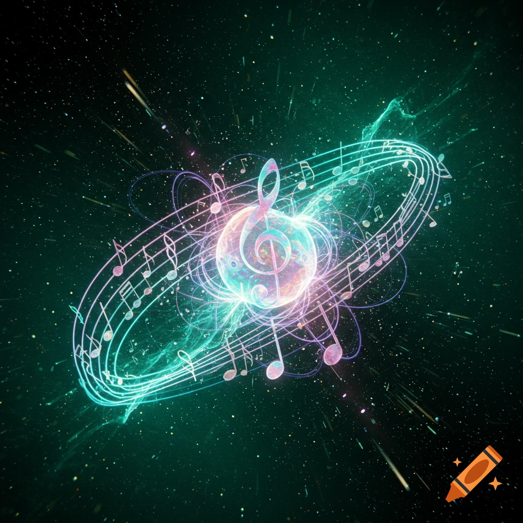 A vibrant, glowing treble clef and musical notes forming an oval in a starry, teal-green cosmic background.