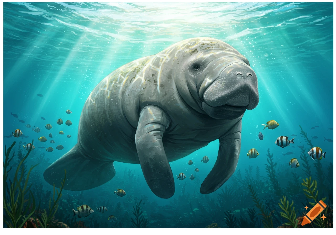 A large manatee swims gracefully underwater with schools of fish and sunbeams piercing the surface.