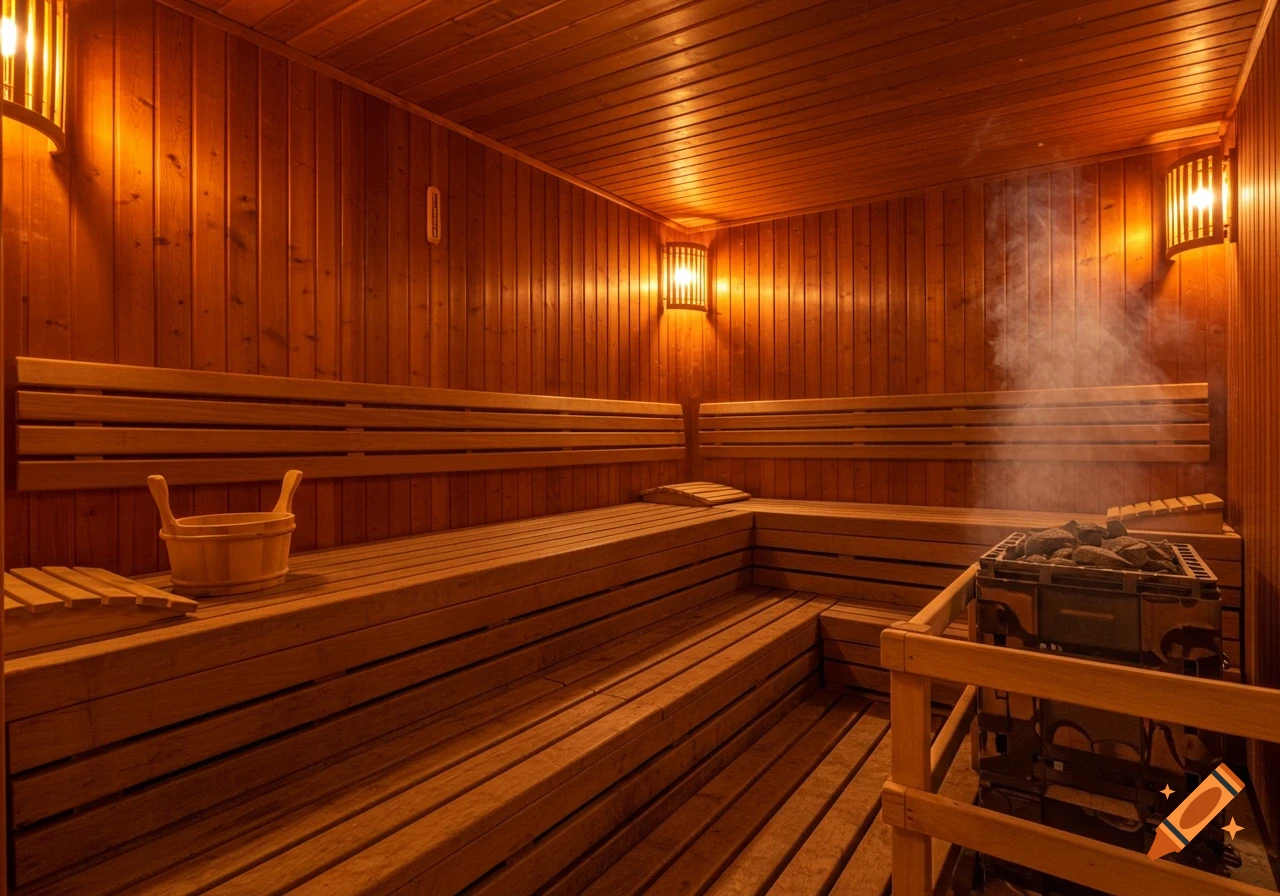 Photorealistic interior of a warm, steamy wooden sauna with benches, a stone heater, and soft lighting.