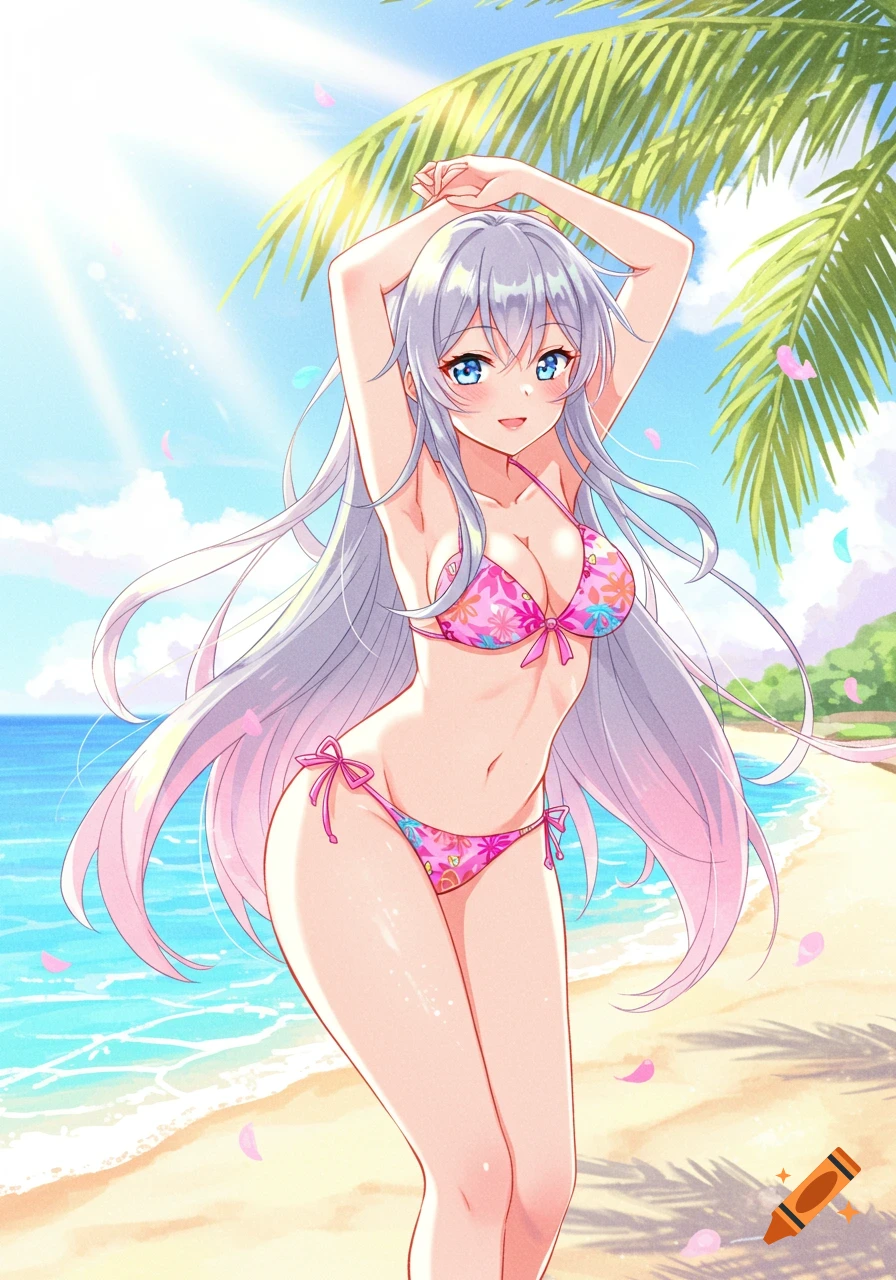 An anime woman with long silver hair in a pink floral bikini stands on a sunny beach under a palm tree.
