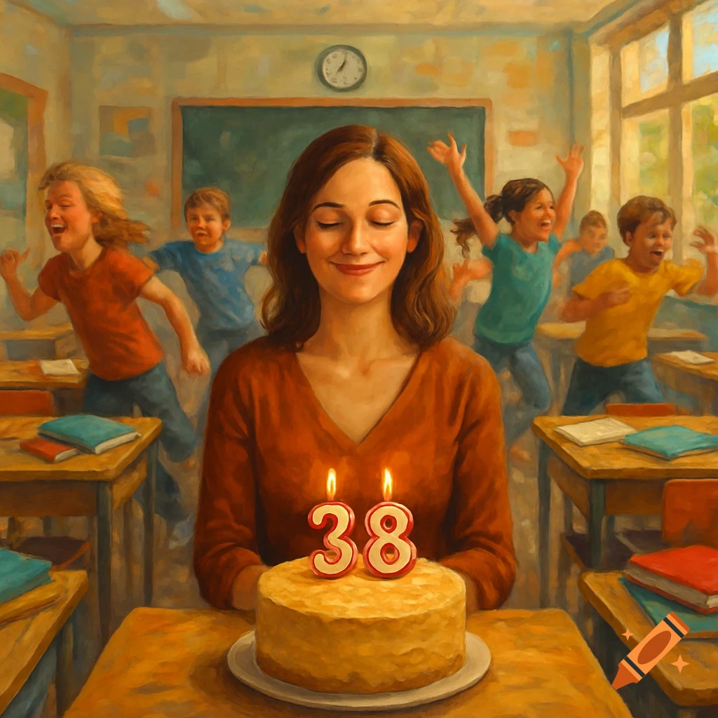 A painterly image of a woman celebrating her 38th birthday with a cake, sitting calmly in a classroom with excited children running in the background.