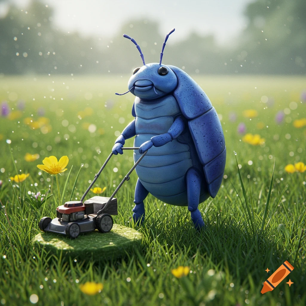 A blue cartoon bug operates a small lawnmower in a sunny, dew-kissed field of grass and yellow flowers.