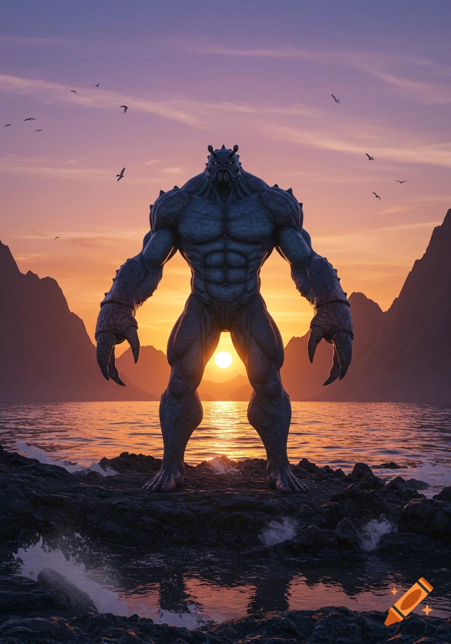 A large, muscular crab-humanoid creature stands on a rocky beach at sunset, with mountains and the ocean in the background.