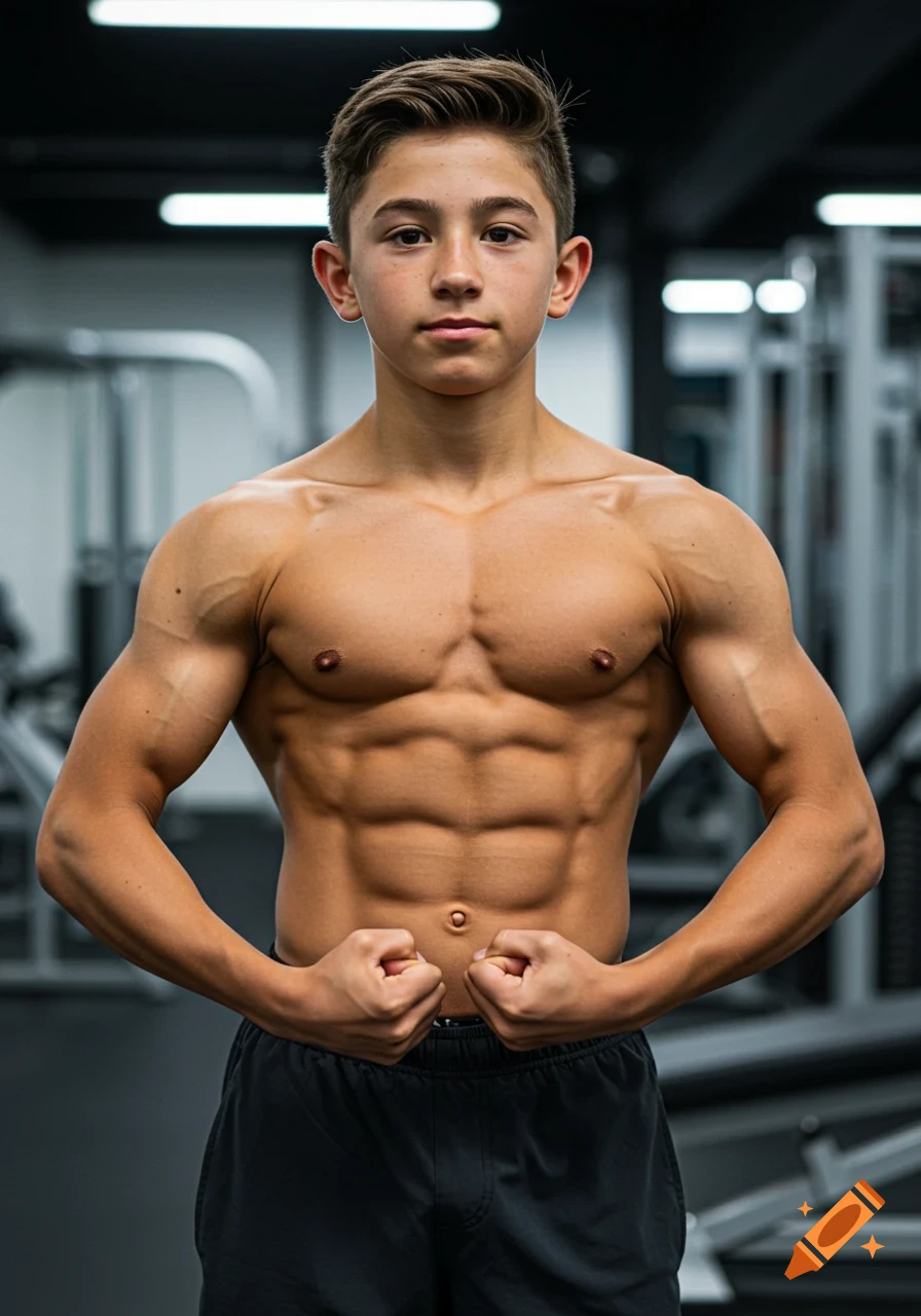 A young boy with a muscular physique, shirtless and flexing in a gym, looking at the camera. Photorealistic.