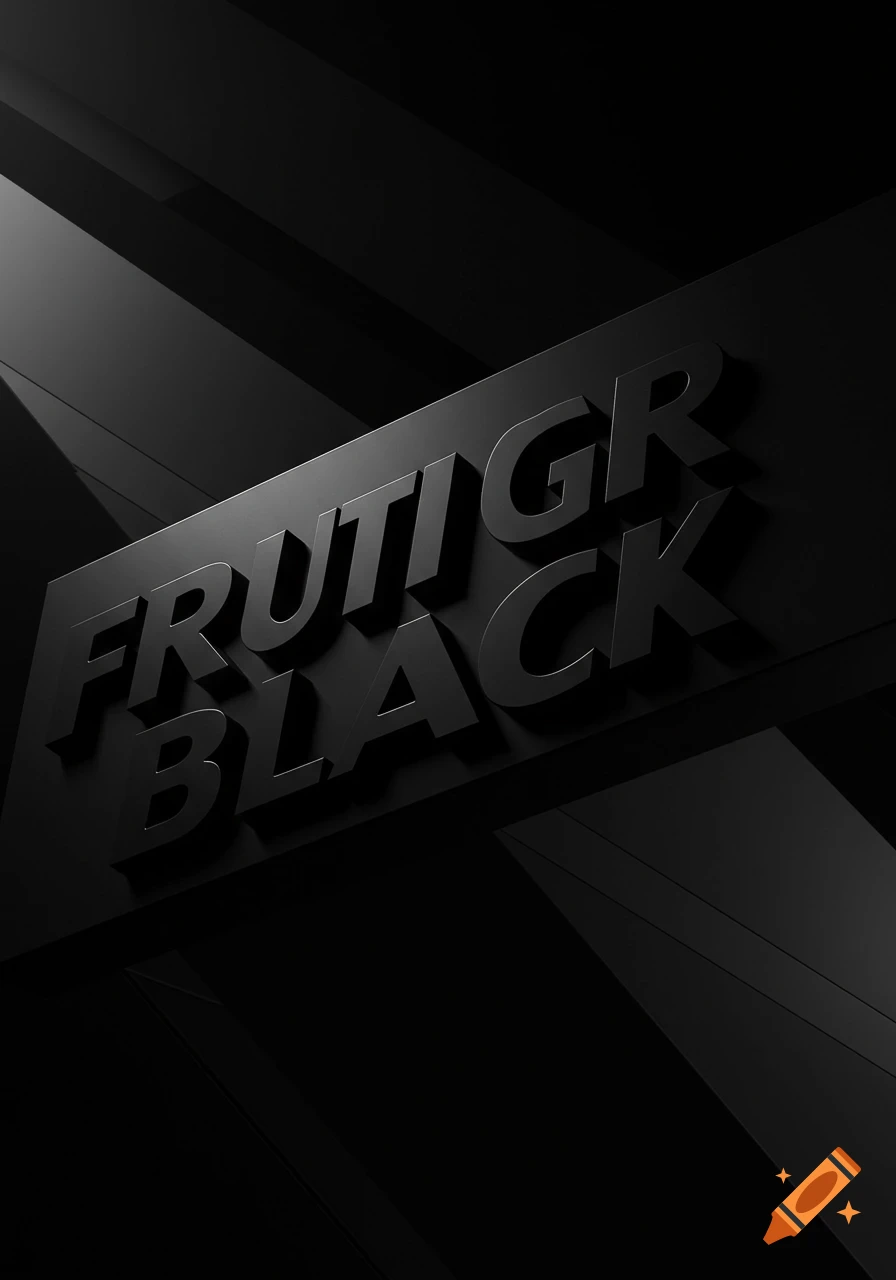 3D rendered black bold text "FRUTIGER BLACK" on a dark black background with abstract geometric shapes and subtle lighting.
