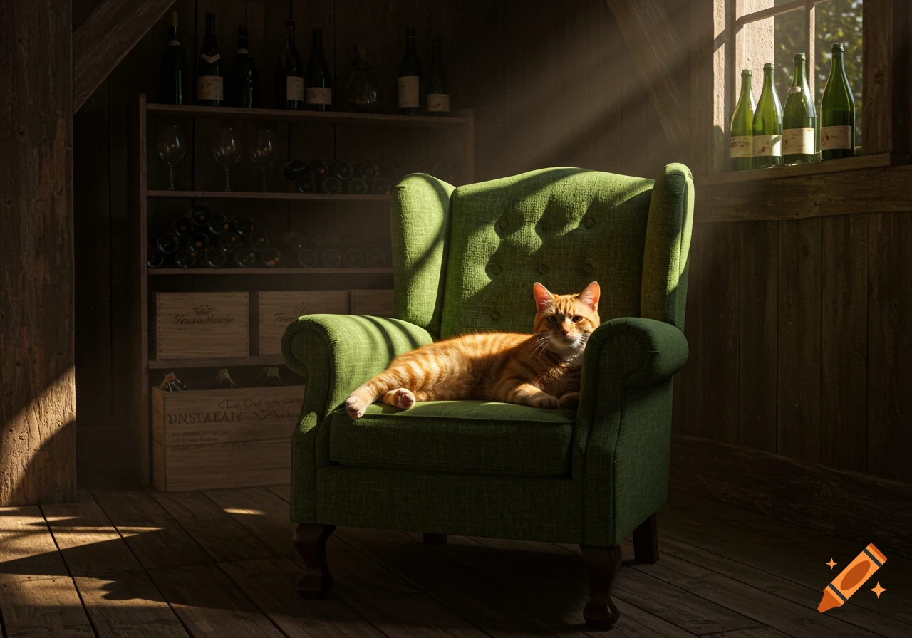 An orange tabby cat lies on a green armchair in a rustic wooden room with wine bottles on shelves, illuminated by sunbeams.
