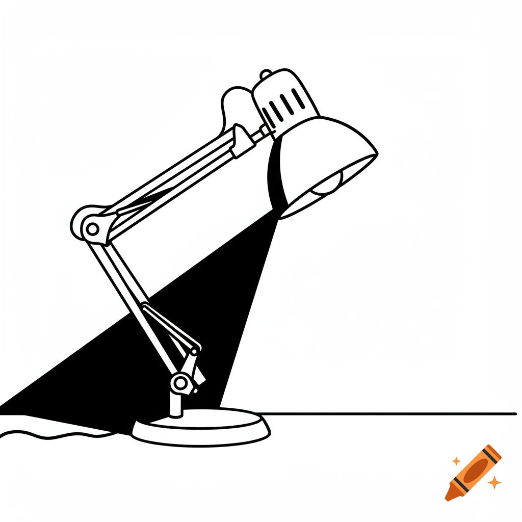 A black and white clip art illustration of an adjustable desk lamp shining a black beam of light.