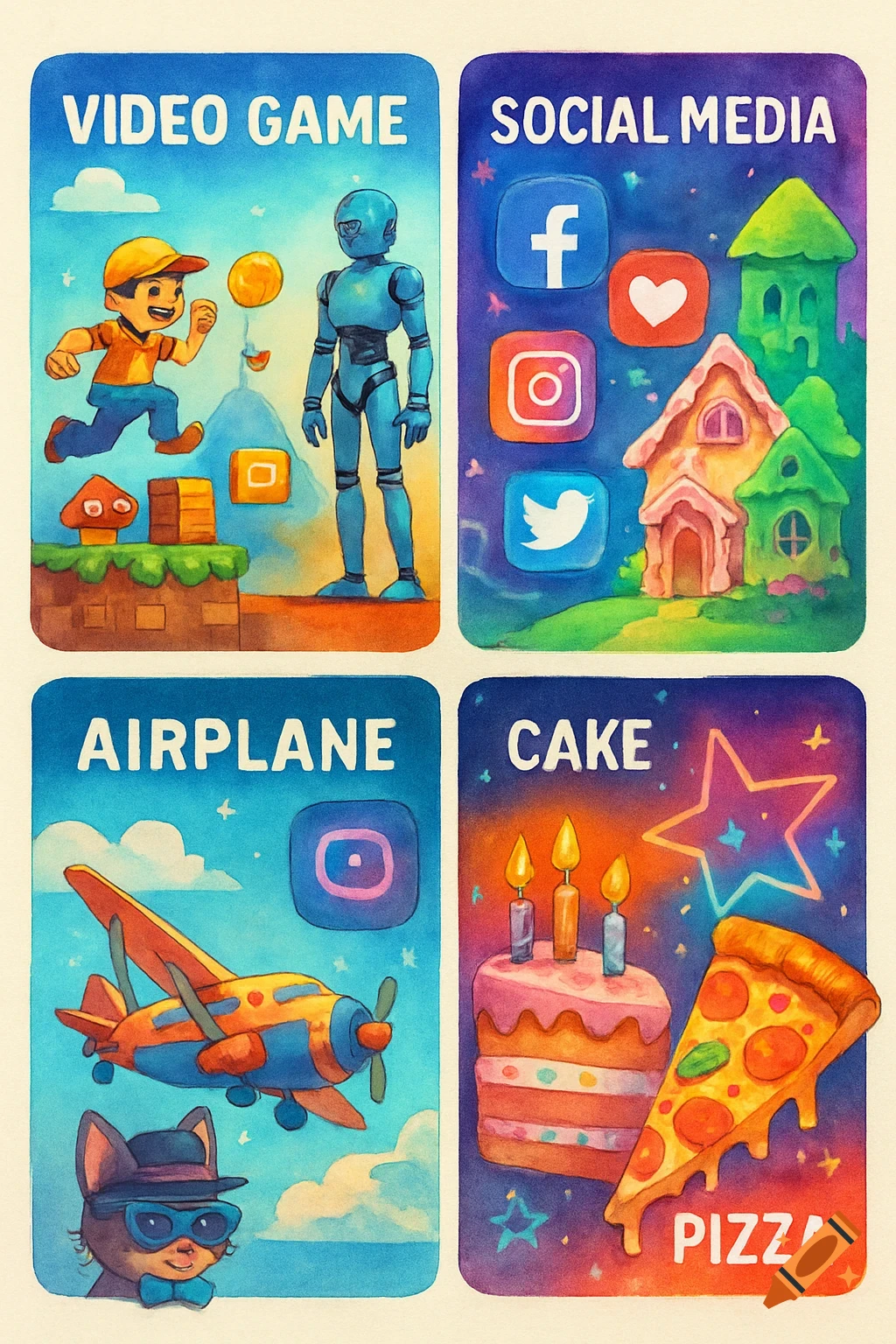 A four-panel watercolor illustration showing: a boy and robot in a video game, social media icons and houses, an airplane with a cat, and a cake slice with pizza.