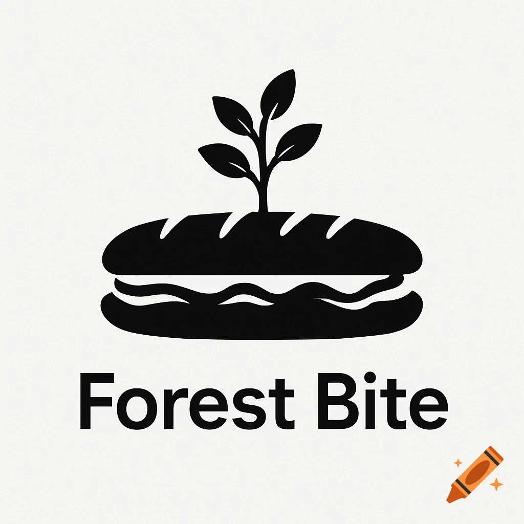 Minimalist black logo of a baguette sandwich with a tree growing out, and text 'Forest Bite' below.